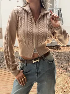 Stylish French style beige cable knit cropped zip-up sweater cardigan for women 2025
