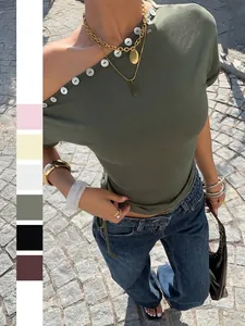 Damen Ein Schulter Slim Fit Kurzes T-Shirt Asymmetrisches Polyester Top Mit Knopfdetail Und Seitlichem Kordelzug Sexy Streetwear