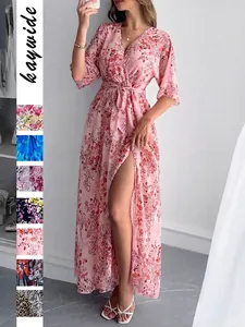 Women Floral V Neck Maxi Dress Wrap Tie Waist High Slit Vacation Elegant Flowy Summer Dress With Flutter Sleeve Dress