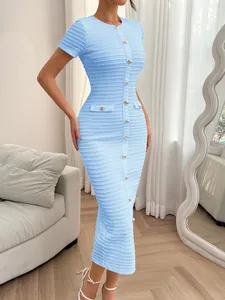 Elegant light blue textured short sleeve button-down midi dress with slim fit design