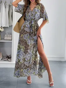 Elegant floral and leopard print maxi dress with tie-waist for summer vacation