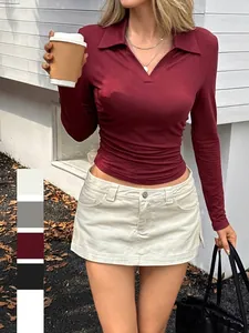 Women Slim Fit V-Neck POLO Collar Long Sleeve T-Shirt Elegant Polyester Solid Color Pleated Side Top for Casual Office