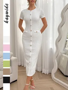 Elegant Slim Fit Knitted Midi Dress with Decorative Buttons High Waist Short Sleeve Bodycon Pencil Dress for Women