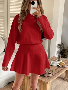 Red solid color long sleeve knitted mini dress elegant autumn winter outfit for women
