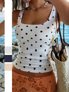Women French Retro Polka Dot Slim Fit Sleeveless Cami Top Summer Beach Vacation Square Neck Polyester Spandex Printed Top