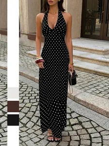 Women Halter Deep V Neck Polka Dot Maxi Dress Backless Sexy Y2K Vacation Style Sleeveless Summer Long Dress With Bow Tie