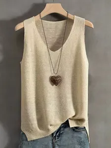 Dames V-Hals Opengewerkt Gebreid Vest Top Viscose Mouwloze Trui Artistiek Casual Zomer Kleding Voor Dames Elegantie