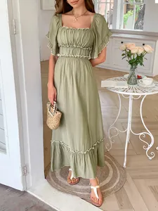 Elegant avocado green ruffle sleeve maxi dress featuring high waist and wood ear trim