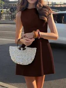 Elegant brown sleeveless round neck dress with slim fit waist for summer