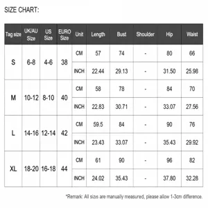 Tableau des tailles détaillé pour robe sans manches avec mesures US UK EU en cm et pouces