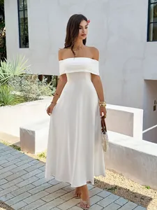 Elegant French style off-the-shoulder white maxi dress with a flowing skirt design