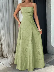 Elegant light green spaghetti strap maxi dress with floral jacquard pattern