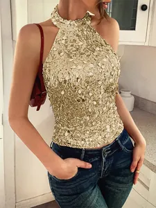 Eleganter goldener Pailletten-Halterneck-Top für Damen für Sommerpartys und Abende