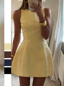 Women Sleeveless Round Neck Elegant Dress Solid Color Slim Waist A-Line Mini Dress For Summer Party Daily Wear