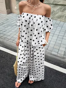 Damen Polka Dot Schulterfrei Top Und Weites Bein Hose Set Sommer Casual Mode Outfits Für Damen Streetwear Top Und Bottom