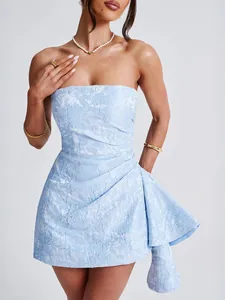 Elegant French style light blue strapless jacquard mini dress for summer vacation