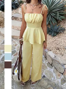 Γυναικείο Σετ Δύο Τεμαχίων Γαλλικού Στυλ Casual Διακοπές Τοπ Peplum Με Δέσιμο Και Παντελόνι Με Φαρδύ Μπατζάκι Για Άνοιξη Καλοκαίρι