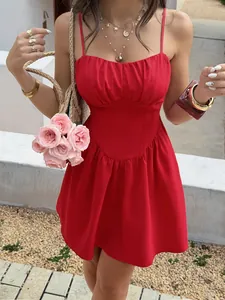 Elegant French style red spaghetti strap slim mini dress for summer beach vacation