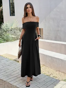 Elegant French style black off-the-shoulder maxi evening dress with side pockets