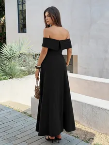 Elegant black off-the-shoulder French style maxi dress shown from the back view.