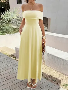 Elegant pale yellow off-the-shoulder maxi dress perfect for summer party or formal events