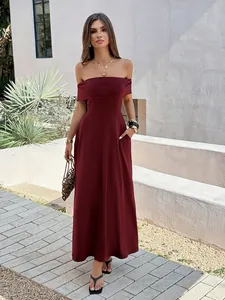 Full length elegant burgundy off-the-shoulder maxi dress with side pockets for summer