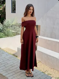 Elegant burgundy off-the-shoulder maxi dress with a flattering slim fit for summer