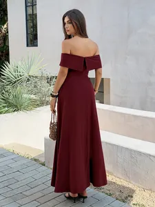 Elegant burgundy off-the-shoulder evening gown with a flowy A-line silhouette and back detail