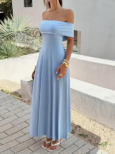 Elegant light blue off-the-shoulder maxi dress with a flowing skirt silhouette for summer