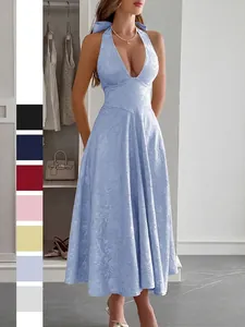Robe Longue Maxi pour Femmes Style Français Licou Sexy Col en V Dos Nu Jacquard Floral Polyester Élégante Vacances Fête Coupe Trapèze