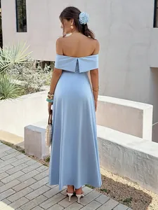 Elegant light blue off-the-shoulder maxi dress with a French chic style for women.
