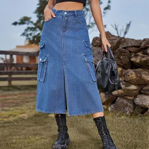 Full view of high waist denim cargo midi skirt with side pockets and front slit.