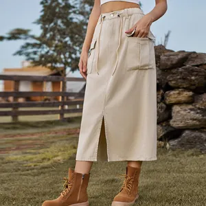 Stylish beige cargo denim midi skirt with drawstring waist and front slit detail style