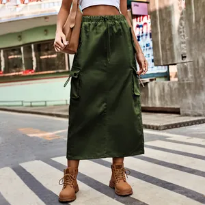 Army green denim cargo midi skirt with drawstring waist and functional side pockets