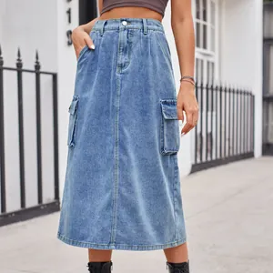 Stylish mid-length washed blue denim cargo skirt with side pockets and high waist.