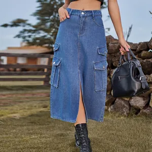 Stylish blue denim cargo midi skirt featuring a front slit and utilitarian side pockets.