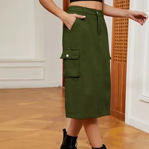 Detail view of army green denim cargo midi skirt with side pocket and button flap