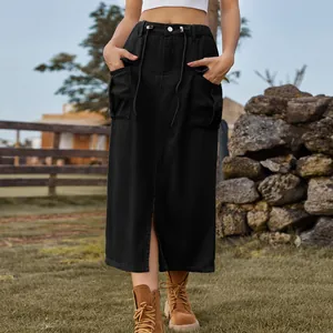Detail of women's black washed cargo denim midi skirt with front slit and drawstring