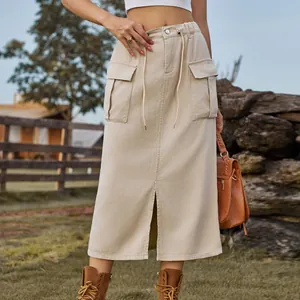 Front detail of khaki cargo denim midi skirt with drawstring waist and slit