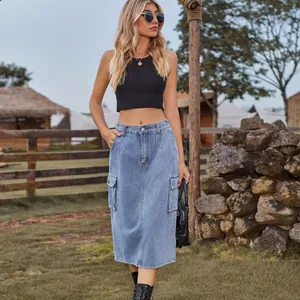 Western style washed denim cargo midi skirt with pockets for casual outdoor look