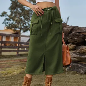High-waisted army green cargo denim midi skirt featuring a front slit and side pockets