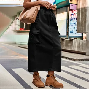 Stylish black cargo denim maxi skirt with drawstring waist for urban street fashion
