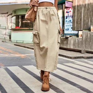 High quality detail view of a khaki long cargo skirt featuring drawstring waist and side pockets