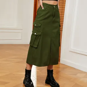 Detailed view of a dark olive green cargo midi skirt featuring functional side flap pockets.