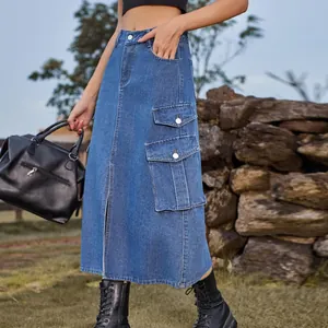 Close-up detail of a high waist denim cargo midi skirt featuring large side flap pockets