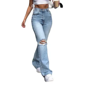 High-waisted light blue ripped flare jeans for women shown on a full-body model view.