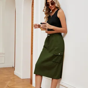 Olive green cargo denim midi skirt with side pocket detail on model