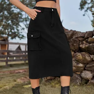 Black denim cargo midi skirt with large utility pockets and a high-waisted fit