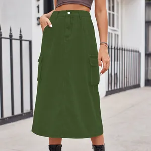 Dark green cargo denim midi skirt with large utility pockets