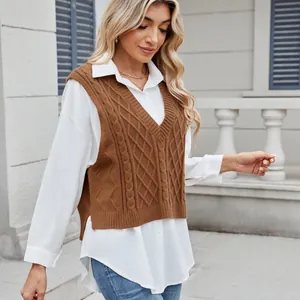 Detail view of women's brown V-neck cable knit sweater vest in a loose casual style